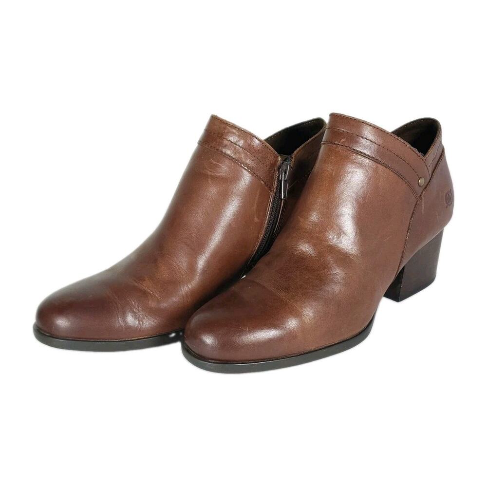 Born Women's Kaila US8M Brown Leather Side Zip Stacked Heel Ankle Boots Booties